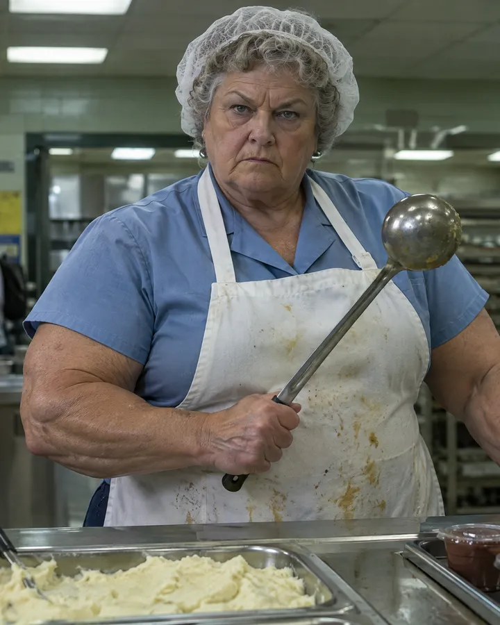 Dolores from the cafeteria, holding a ladle.