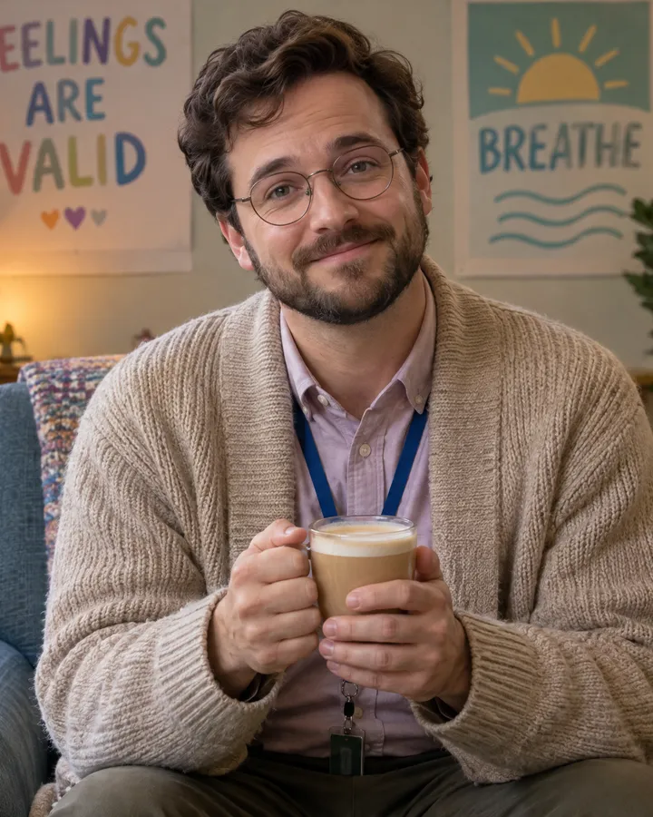 Felix Hartley in a cardigan, holding a mug.