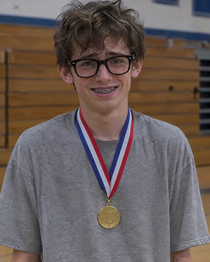 Kevin Pruitt wearing glasses and a gold medal.
