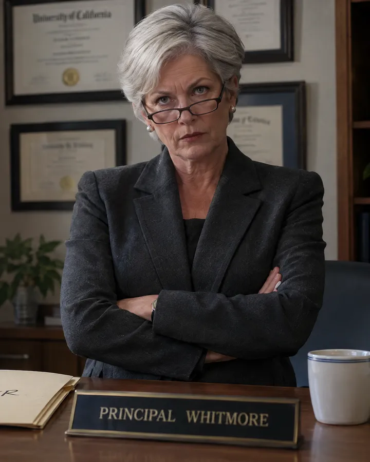Principal Helena Whitmore at her desk, arms crossed.