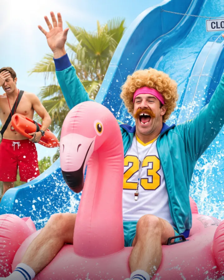 Mr. Gonner on a pink flamingo float at the water park.