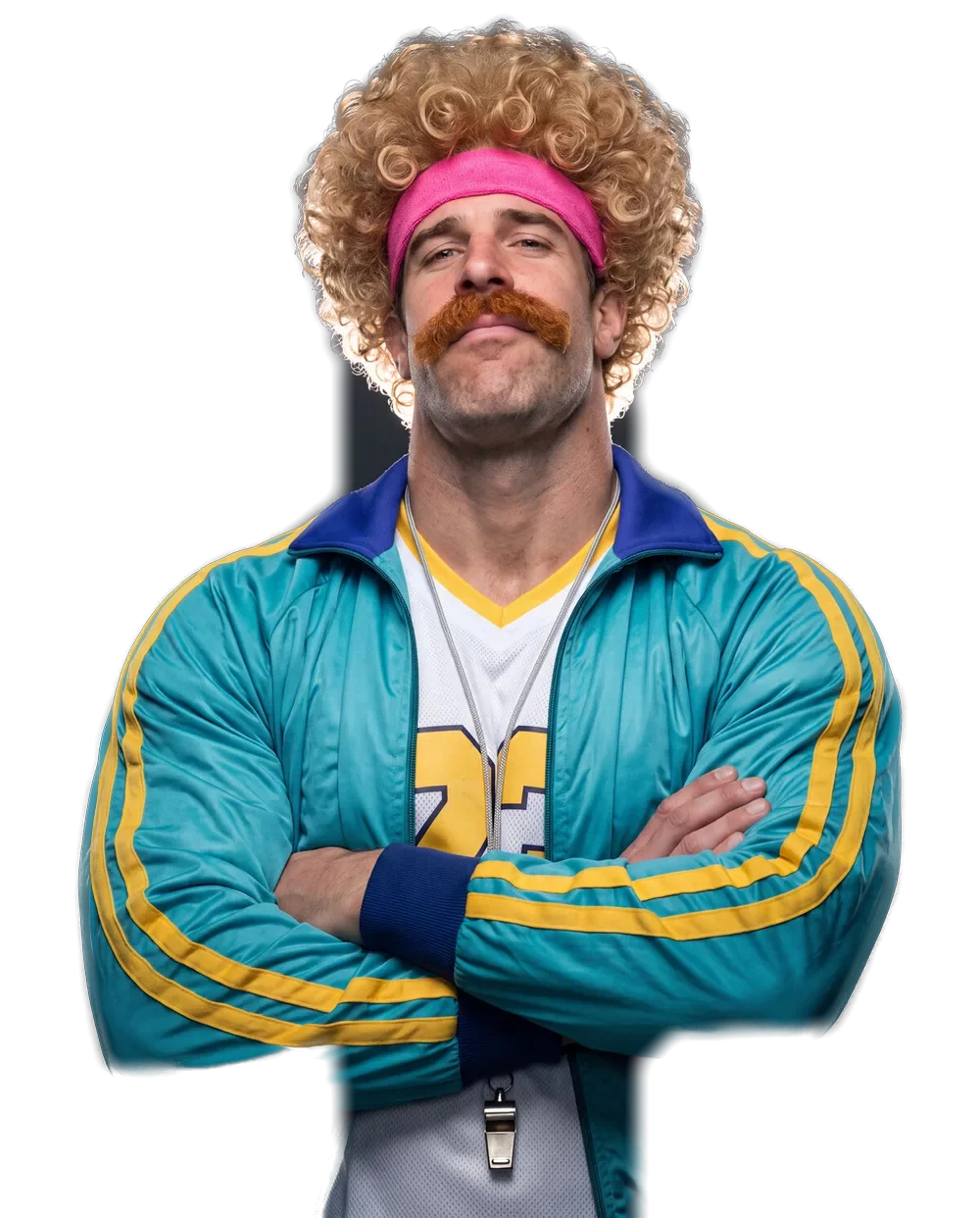 Portrait of Mr. Gonner: curly blond perm, pink headband, ginger mustache, teal track jacket over jersey 23, arms crossed.