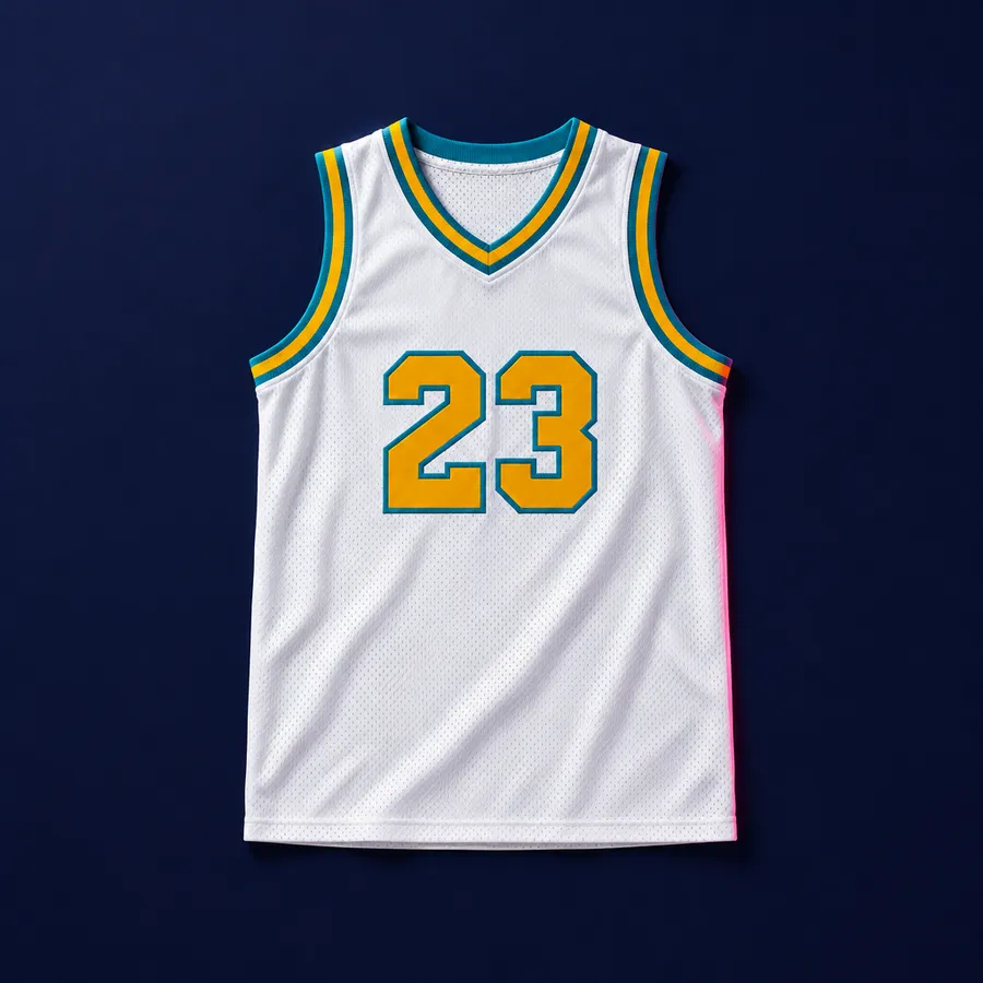 White jersey with a yellow number 23 and teal trim.