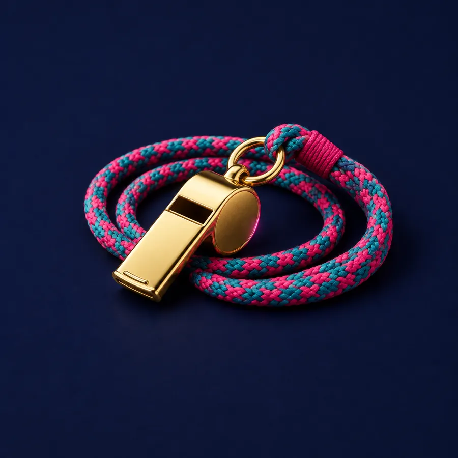 Gold whistle on a pink and teal lanyard.